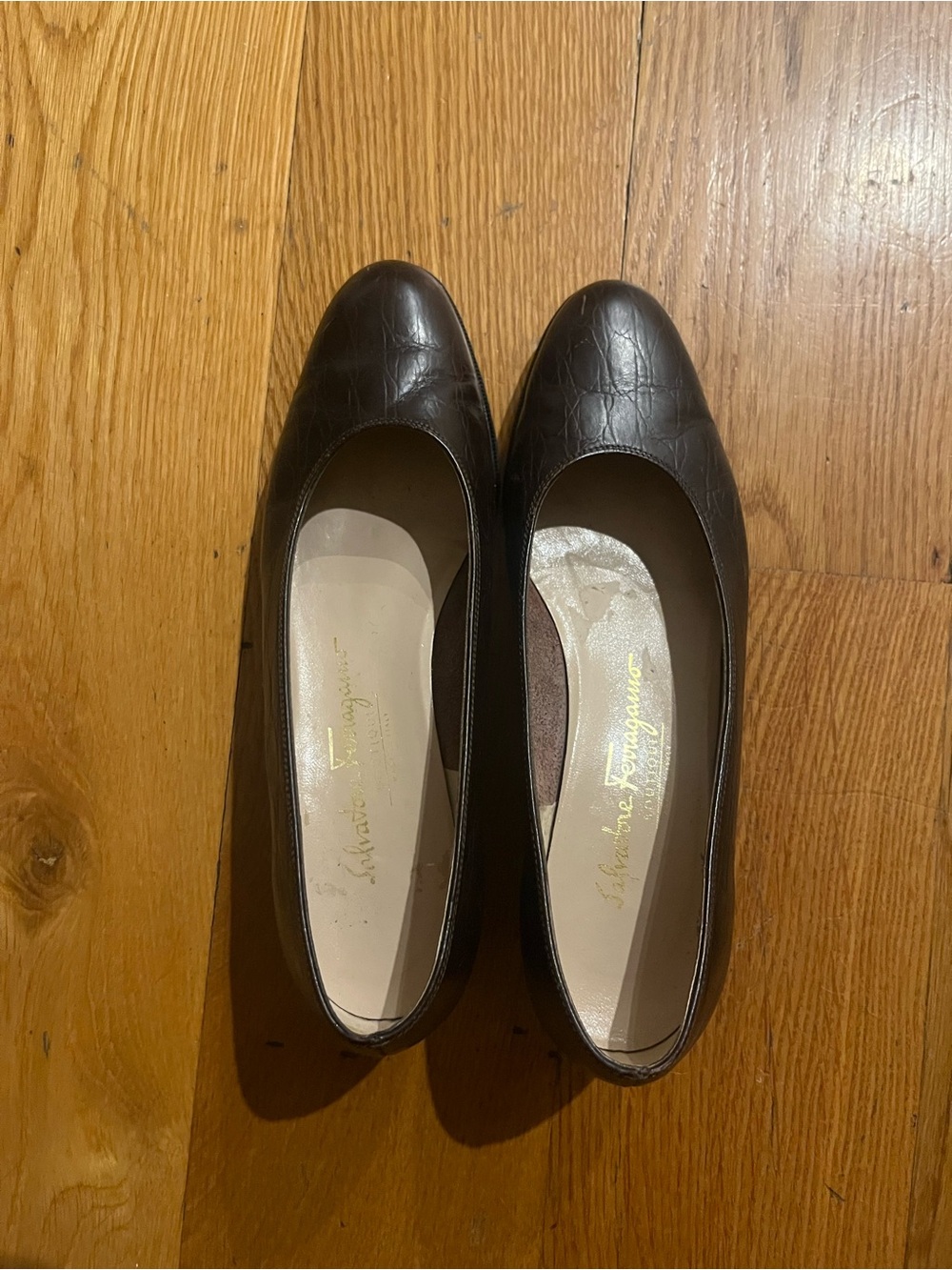 Salvatore Ferragamo Dark Brown Leather Round-Toe Flats